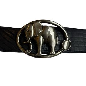 Black Leather Belt with Large Silver Elephant Buckle Womens Size Medium